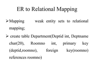 ER to Relational Mapping
Mapping weak entity sets to relational
mapping;
 create table Department(Deptid int, Deptname
char(20), Roomno int, primary key
(deptid,roomno), foreign key(roomno)
references roomno)
 
