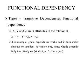 FUNCTIONAL DEPENDENCY
 Types - Transitive Dependencies functional
dependency
 X, Y and Z are 3 attributes in the relation R.
X -> Y, Y -> Z, X -> Z
 For example, grade depends on marks and in turn make
depends on {student_no course_no}, hence Grade depends
fully transitively on {student_no & course_no}.
 