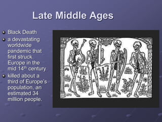 Late Middle Ages
Black Death
a devastating
worldwide
pandemic that
first struck
Europe in the
mid 14th century
killed about a
third of Europe’s
population, an
estimated 34
million people.
 
