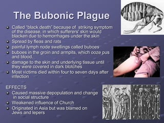 The Bubonic Plague
Called “black death” because of striking symptom
of the disease, in which sufferers' skin would
blacken due to hemorrhages under the skin
Spread by fleas and rats
painful lymph node swellings called buboes
buboes in the groin and armpits, which ooze pus
and blood.
damage to the skin and underlying tissue until
they were covered in dark blotches
Most victims died within four to seven days after
infection
EFFECTS
Caused massive depopulation and change
in social structure
Weakened influence of Church
Originated in Asia but was blamed on
Jews and lepers
 