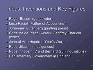 Ideas, Inventions and Key Figures
Roger Bacon (gunpowder)
Luca Pacioli (Father of Accounting)
Johannes Gutenberg (printing press)
Christine de Pisan (writer); Geoffrey Chaucer
(writer)
Joan of Arc (Hundred Year’s War)
Pope Urban II (indulgences)
Pope Innocent IV and Bernard Gui (inquisitions)
Parliamentary Government in England
 