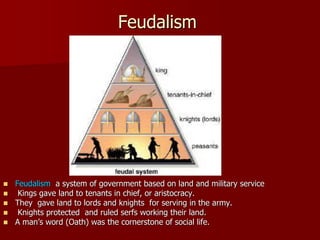 Feudalism
 Feudalism a system of government based on land and military service
 Kings gave land to tenants in chief, or aristocracy.
 They gave land to lords and knights for serving in the army.
 Knights protected and ruled serfs working their land.
 A man’s word (Oath) was the cornerstone of social life.
 