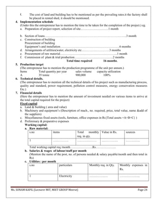 Ms. SONAM KAPIL (Lecturer MIT, MIET GROUP Meerut) Page 24
f. The cost of land and building has to be mentioned as per the prevailing rates.it the factory shall
be placed in rented shed, it should be mentioned.
4. Implementation schedule
(Under this the entrepreneur has to mention the time to be taken for the completion of the project.) eg.
a. Preparation of project report, selection of site………………………1 month
b. Section of loans……………………………………………………………………..3 month
c. Construction of building
Procurement of building
Equipment’s and installation………………………………………………….6 months
d. Arrangements of utilities(water, electricity etc………………………3 months
e. Procurement of raw material………………………………………………..1 month
f. Commission of plant & trial production………………………………..2 months
Total time required 16 months.
5. Production target
(The entrepreneur has to mention the production programme of the unit per annum.)
Items Total quantity per year sales volume capacity utilization
A 35 tonne 900,000 100%
6. Technical details.
(The entrepreneur has to mention all the technical details of his project such as manufacturing process,
quality and standard, power requirement, pollution control measures, energy conservation measures
Etc.)
7. Financial details
(Here the entrepreneur has to mention the amount of investment needed on various items to arrive at
the total capital required for the project)
Fixed capital
a. Land & building ( area and value)
b. Machinery and equipment’s (Description of mach., no. required, price, total value, name &add of
the suppliers)
c. Miscellaneous fixed assets (tools, furniture, office expenses in Rs{Total assets =A+B+C} )
d. Preliminary & preparative expenses
Working capital:
a. Raw material:
s.no items Total monthly
req. in qty.
Value in Rs. sources
1 …………… ………………. ……………. …………..
Total working capital req./month………………….Rs………………..
b. Salaries & wages of labour/staff per month
(Mention the name of the post, no. of persons needed & salary payable/month and then total in
Rs)
c. Utilities : per month
s.no particulars Monthly req. in Qty. Monthly expenses in
Rs.
1 Electricity ……………… ………………..
 