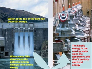 Water at the top of the dam has potential energy. When water falls downwards the potential energy changes into kinetic energy The kinetic energy in the moving water spins the generators and that’ll produce electrical energy 