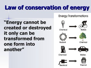 Law of conservation of energy “ Energy cannot be created or destroyed it only can be transformed from one form into another” 