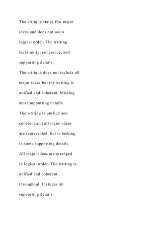 The critique states few major
ideas and does not use a
logical order. The writing
lacks unity, coherence, and
supporting details.
The critique does not include all
major ideas but the writing is
unified and coherent. Missing
most supporting details.
The writing is unified and
coherent and all major ideas
are represented, but is lacking
in some supporting details.
All major ideas are arranged
in logical order. The writing is
unified and coherent
throughout. Includes all
supporting details.
 