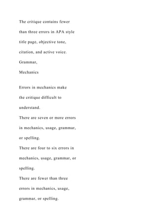 The critique contains fewer
than three errors in APA style
title page, objective tone,
citation, and active voice.
Grammar,
Mechanics
Errors in mechanics make
the critique difficult to
understand.
There are seven or more errors
in mechanics, usage, grammar,
or spelling.
There are four to six errors in
mechanics, usage, grammar, or
spelling.
There are fewer than three
errors in mechanics, usage,
grammar, or spelling.
 