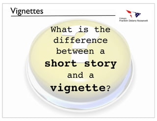 Vignettes

            What is the
            difference
             between a
            short story
               and a
            vignette?
 