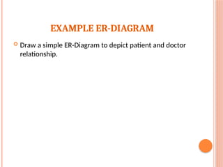 EXAMPLE ER-DIAGRAM
 Draw a simple ER-Diagram to depict patient and doctor
relationship.
 