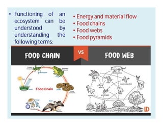 • Functioning of an
ecosystem can be
understood by
understanding the
following terms:
• Energy and material flow
• Food chains
• Food webs
• Food pyramids
 