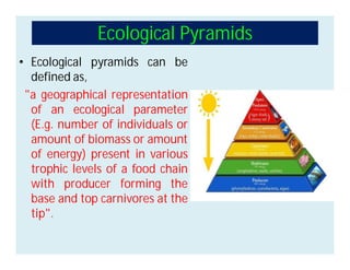 Ecological Pyramids
• Ecological pyramids can be
defined as,
"a geographical representation
of an ecological parameter
(E.g. number of individuals or
amount of biomass or amount
of energy) present in various
trophic levels of a food chain
with producer forming the
base and top carnivores at the
tip".
 