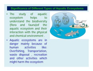 • The study of aquatic
ecosystem helps to
understand the biodiversity
(flora and fauna)of the
aquatic ecosystem and their
interaction with the physical
and chemical environment .
• Aquatic ecosystems are in
danger mainly because of
human activities like:
Overfishing, Transportation,
waste disposal , recreation
and other activities which
might harm the ecosystem
Significance of Different Types of Aquatic Ecosystems
 