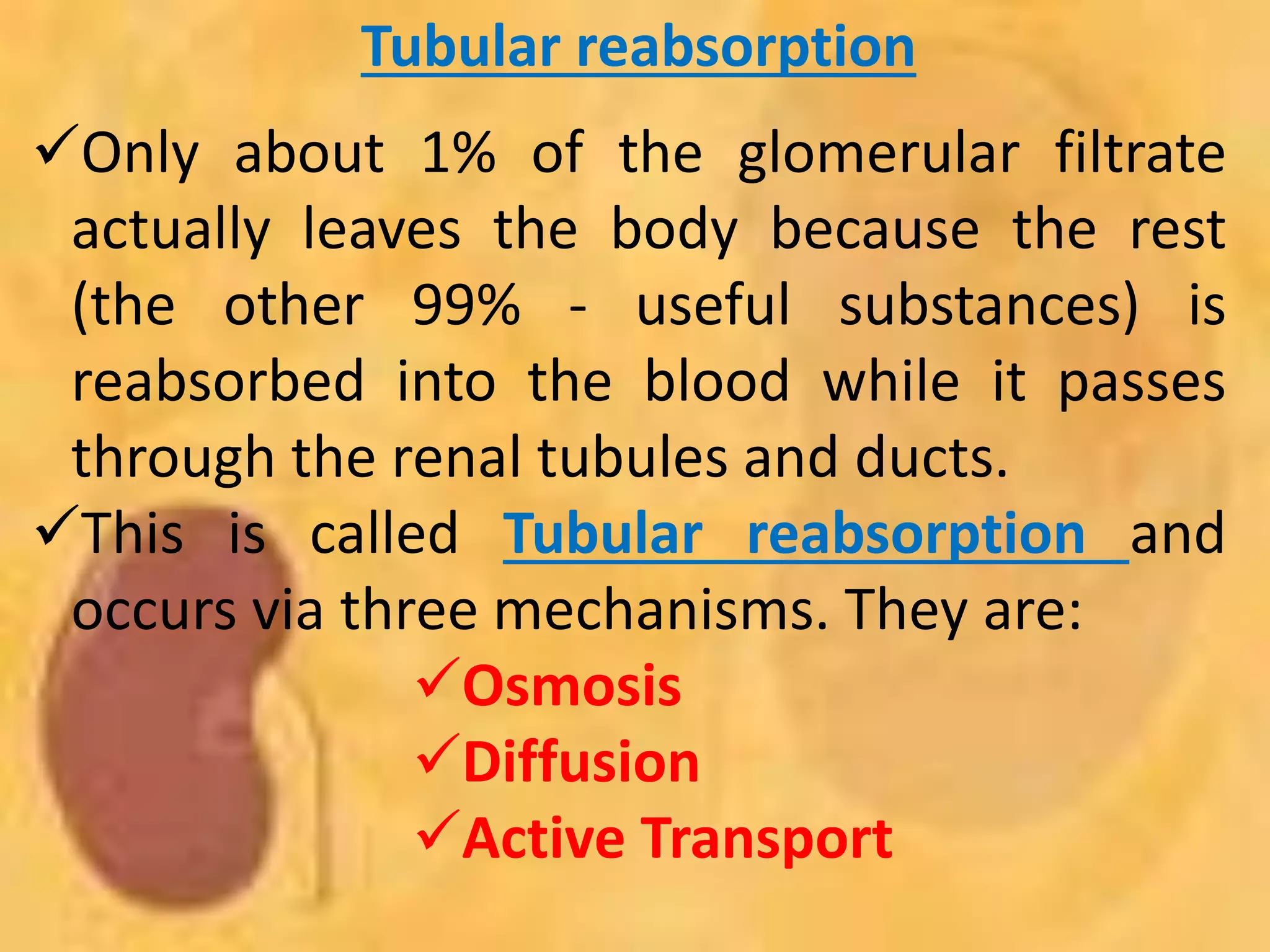 036+
Tubular reabsorption
Only about 1% of the glomerular filtrate
actually leaves the body because the rest
(the other 99% - useful substances) is
reabsorbed into the blood while it passes
through the renal tubules and ducts.
This is called Tubular reabsorption and
occurs via three mechanisms. They are:
Osmosis
Diffusion
Active Transport
 