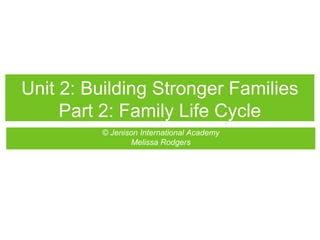 Unit 2: Building Stronger Families
Part 2: Family Life Cycle
© Jenison International Academy
Melissa Rodgers
 