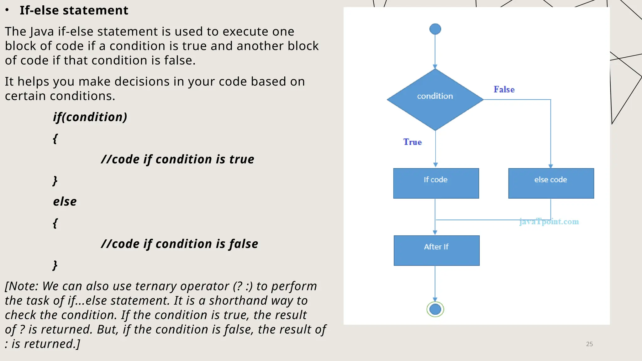 25
• If-else statement
The Java if-else statement is used to execute one
block of code if a condition is true and another block
of code if that condition is false.
It helps you make decisions in your code based on
certain conditions.
if(condition)
{
//code if condition is true
}
else
{
//code if condition is false
}
[Note: We can also use ternary operator (? :) to perform
the task of if...else statement. It is a shorthand way to
check the condition. If the condition is true, the result
of ? is returned. But, if the condition is false, the result of
: is returned.]
 
