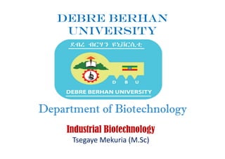 Debre Berhan
University
Department of Biotechnology
Industrial Biotechnology
Tsegaye Mekuria (M.Sc)
 