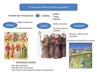 4- How was medieval society organized?
Divided into three groups ESTATES
Nobles
Clergy
Workers
NOBLES CLERGY WORKERS
Knights and families
To defend population
Monks and priests
To pray for spiritual
salvation
Peasants, craftsmen and
merchants
To produce and work for the society
PRIVILEGED ESTATES
They didn’t pay taxes
They didn’t do manual work
They held the most important positions in government
 