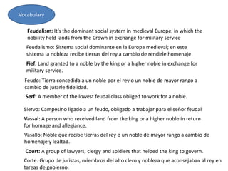Vocabulary
Feudalism: It’s the dominant social system in medieval Europe, in which the
nobility held lands from the Crown in exchange for military service
Fief: Land granted to a noble by the king or a higher noble in exchange for
military service.
Serf: A member of the lowest feudal class obliged to work for a noble.
Vassal: A person who received land from the king or a higher noble in return
for homage and allegiance.
Court: A group of lawyers, clergy and soldiers that helped the king to govern.
Feudalismo: Sistema social dominante en la Europa medieval; en este
sistema la nobleza recibe tierras del rey a cambio de rendirle homenaje
Feudo: Tierra concedida a un noble por el rey o un noble de mayor rango a
cambio de jurarle fidelidad.
Siervo: Campesino ligado a un feudo, obligado a trabajar para el señor feudal
Vasallo: Noble que recibe tierras del rey o un noble de mayor rango a cambio de
homenaje y lealtad.
Corte: Grupo de juristas, miembros del alto clero y nobleza que aconsejaban al rey en
tareas de gobierno.
 