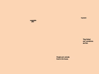 vegetable 
plot 
haystack 
They fished 
and sometimes 
ate fish. 
People and animals 
lived in the house. 
 