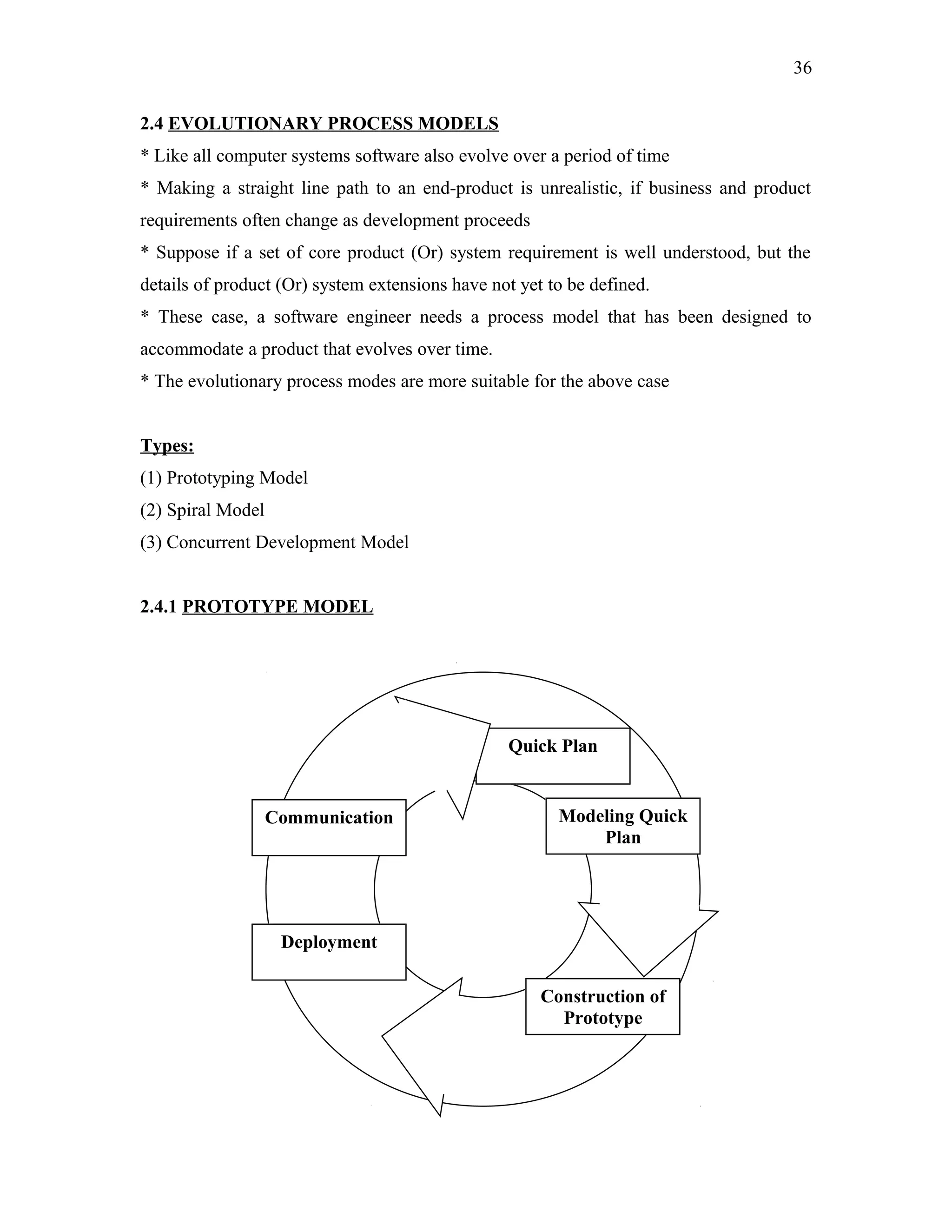 36
2.4 EVOLUTIONARY PROCESS MODELS
* Like all computer systems software also evolve over a period of time
* Making a straight line path to an end-product is unrealistic, if business and product
requirements often change as development proceeds
* Suppose if a set of core product (Or) system requirement is well understood, but the
details of product (Or) system extensions have not yet to be defined.
* These case, a software engineer needs a process model that has been designed to
accommodate a product that evolves over time.
* The evolutionary process modes are more suitable for the above case
Types:
(1) Prototyping Model
(2) Spiral Model
(3) Concurrent Development Model
2.4.1 PROTOTYPE MODEL

Quick Plan

Communication

Modeling Quick
Plan

Deployment
Construction of
Prototype

 