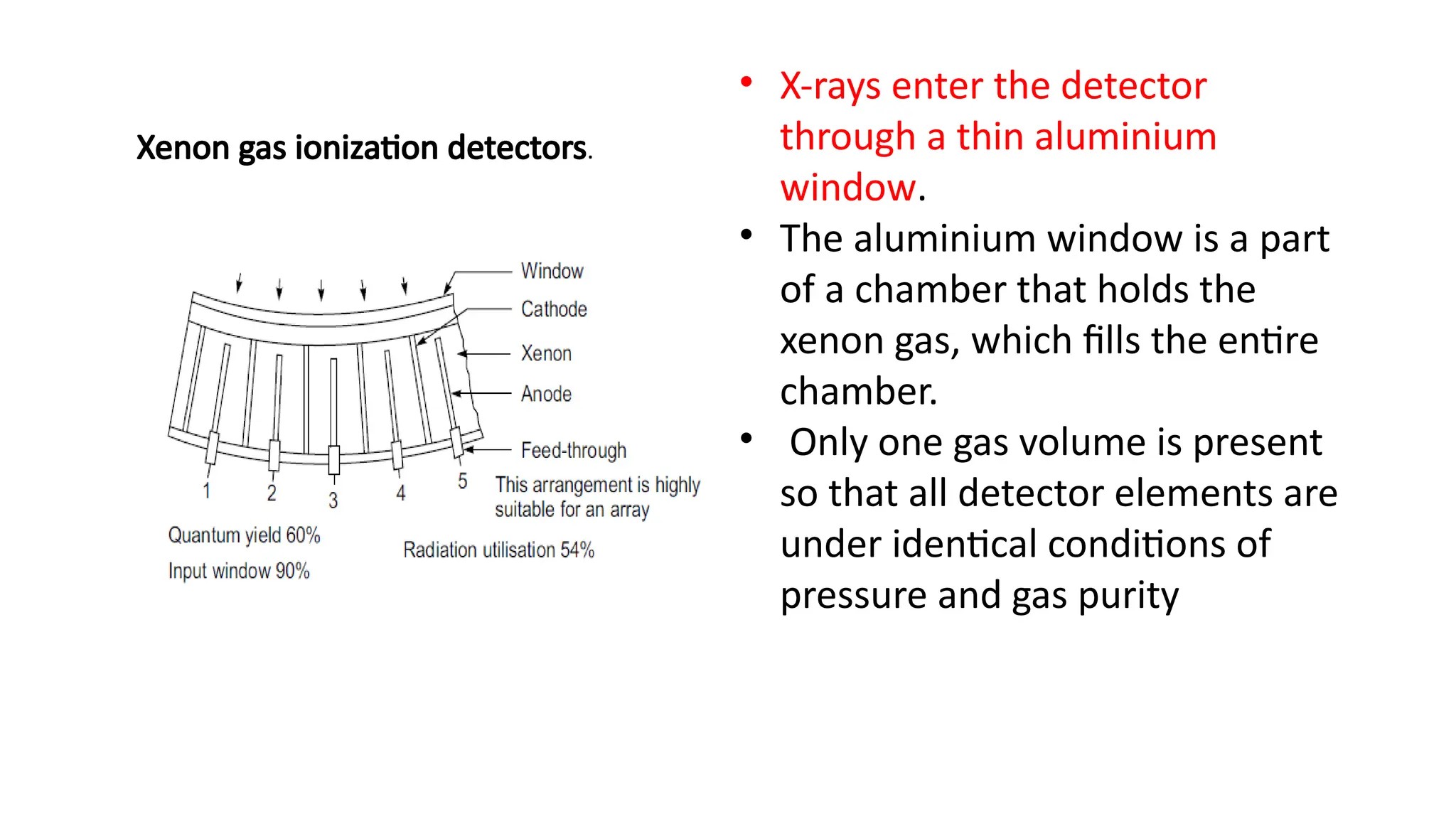 Xenon gas ionization detectors.
• X-rays enter the detector
through a thin aluminium
window.
• The aluminium window is a part
of a chamber that holds the
xenon gas, which fills the entire
chamber.
• Only one gas volume is present
so that all detector elements are
under identical conditions of
pressure and gas purity
 