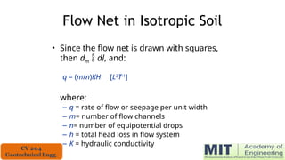 Flow Net in Isotropic Soil
• Since the flow net is drawn with squares,
then dm  dl, and:
q = (m/n)KH [L2
T-1
]
where:
– q = rate of flow or seepage per unit width
– m= number of flow channels
– n= number of equipotential drops
– h = total head loss in flow system
– K = hydraulic conductivity
 