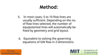 Method:
5. In most cases, 5 to 10 flow lines are
usually sufficient. Depending on the no.
of flow lines selected, the number of
equipotential lines will automatically be
fixed by geometry and grid layout.
6. Equivalent to solving the governing
equations of GW flow in 2-dimensions.
 