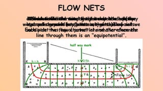 FLOW NETS
In order to determine the total head and pore
water pressure at any point in the mass of soil we
subdivide the flow channel into smaller channels
at ca h = h
h = h
at bd h = 0
What would the total head be at the half way
mark (at points x, y or z)?
half way mark
x
y
z
h = 0.5h
The water would rise to the same level on the
hydraulic grade line from each of these points.
Each point has equal potential and therefore the
line through them is an “equipotential”.
h = 0
If we divide the seepage journey into equally
spaced drops in head then we get a flow net.
 
