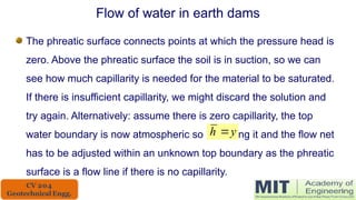 The phreatic surface connects points at which the pressure head is
zero. Above the phreatic surface the soil is in suction, so we can
see how much capillarity is needed for the material to be saturated.
If there is insufficient capillarity, we might discard the solution and
try again. Alternatively: assume there is zero capillarity, the top
water boundary is now atmospheric so along it and the flow net
has to be adjusted within an unknown top boundary as the phreatic
surface is a flow line if there is no capillarity.
Flow of water in earth dams
y
h 
 