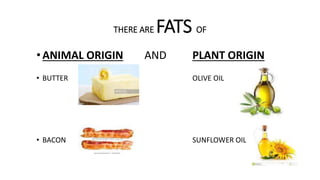 THERE ARE FATS OF
•ANIMAL ORIGIN AND PLANT ORIGIN
• BUTTER OLIVE OIL
• BACON SUNFLOWER OIL
 