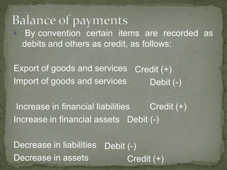  By convention certain items are recorded as
debits and others as credit, as follows:
Export of goods and services
Import of goods and services
Credit (+)
Debit (-)
Increase in financial liabilities Credit (+)
Increase in financial assets Debit (-)
Decrease in liabilities
Decrease in assets
Debit (-)
Credit (+)
 