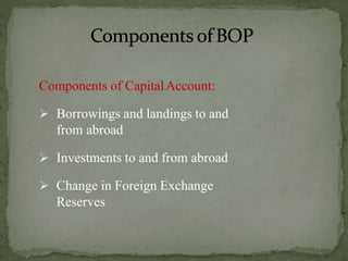 Components of CapitalAccount:
 Borrowings and landings to and
from abroad
 Investments to and from abroad
 Change in Foreign Exchange
Reserves
 