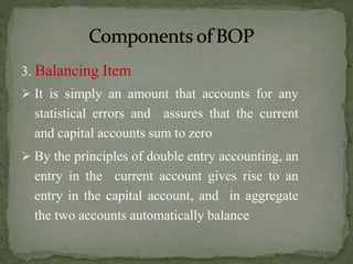 3. Balancing Item
 It is simply an amount that accounts for any
statistical errors and assures that the current
and capital accounts sum to zero
 By the principles of double entry accounting, an
entry in the current account gives rise to an
entry in the capital account, and in aggregate
the two accounts automatically balance
 
