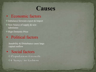 • Economic factors
Imbalance between export & Import
New Source of supply & new
substitutes
High Domestic Price
• Political factors
Instability & Disturbance cause large
capital outflow
• Social factors
 