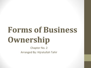 Forms of Business
Ownership
Chapter No. 2
Arranged By: Hijratullah Tahir
 