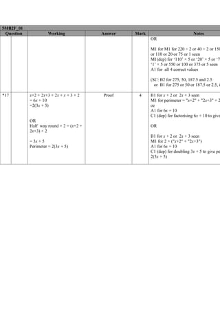 5MB2F_01
 Question             Working             Answer   Mark                           Notes
                                                          OR

                                                          M1 for M1 for 220 ÷ 2 or 40 ÷ 2 or 150
                                                          or 110 or 20 or 75 or 1 seen
                                                          M1(dep) for ‘110’ × 5 or ‘20’ × 5 or ‘75
                                                          ‘1’ × 5 or 550 or 100 or 375 or 5 seen
                                                          A1 for all 4 correct values

                                                          (SC: B2 for 275, 50, 187.5 and 2.5
                                                            or B1 for 275 or 50 or 187.5 or 2.5, i

*17         x+2 + 2x+3 + 2x + x + 3 + 2   Proof     4     B1 for x + 2 or 2x + 3 seen
            = 6x + 10                                     M1 for perimeter = "x+2" + "2x+3" + 2
            =2(3x + 5)                                    oe
                                                          A1 for 6x + 10
                                                          C1 (dep) for factorising 6x + 10 to give
            OR
            Half way round × 2 = (x+2 +                   OR
            2x+3) × 2
                                                          B1 for x + 2 or 2x + 3 seen
            = 3x + 5                                      M1 for 2 × ("x+2" + "2x+3")
            Perimeter = 2(3x + 5)                         A1 for 6x + 10
                                                          C1 (dep) for doubling 3x + 5 to give pe
                                                          2(3x + 5)
 