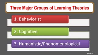 Three Major Groups of Learning Theories
1. Behaviorist
2. Cognitive
3. Humanistic/Phenomenological
Slide 49
 