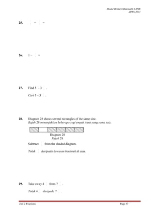 Modul Bestari Matematik UPSR
                                                                                           JPNS 2011


          7            3
25.       8   −        4
                               =




               1
26.     1−     6
                   =




                                   1
27.     Find 5 – 3                 3
                                        .
                               1
        Cari 5 – 3             3       .




28.     Diagram 28 shows several rectangles of the same size.
        Rajah 28 menunjukkan beberapa segi empat tepat yang sama saiz.


                                               Diagram 28
                                                Rajah 28
                           1
        Subtract           3
                                       from the shaded diagram.
                   1
        Tolak      3       daripada kawasan berlorek di atas.




                                           2                5
29.     Take away 4                        3   from 7       6       .
                       2                                5
        Tolak 4        3
                               daripada 7               6
                                                                .


Unit 2 Fractions                                                                   Page 57
 