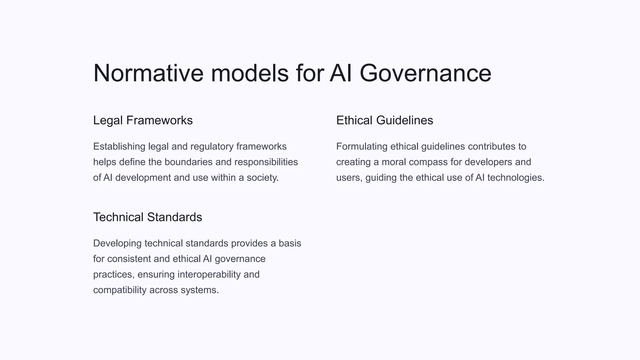 Normative models for AI Governance
Legal Frameworks
Establishing legal and regulatory frameworks
helps define the boundaries and responsibilities
of AI development and use within a society.
Technical Standards
Developing technical standards provides a basis
for consistent and ethical AI governance
practices, ensuring interoperability and
compatibility across systems.
Ethical Guidelines
Formulating ethical guidelines contributes to
creating a moral compass for developers and
users, guiding the ethical use of AI technologies.
 