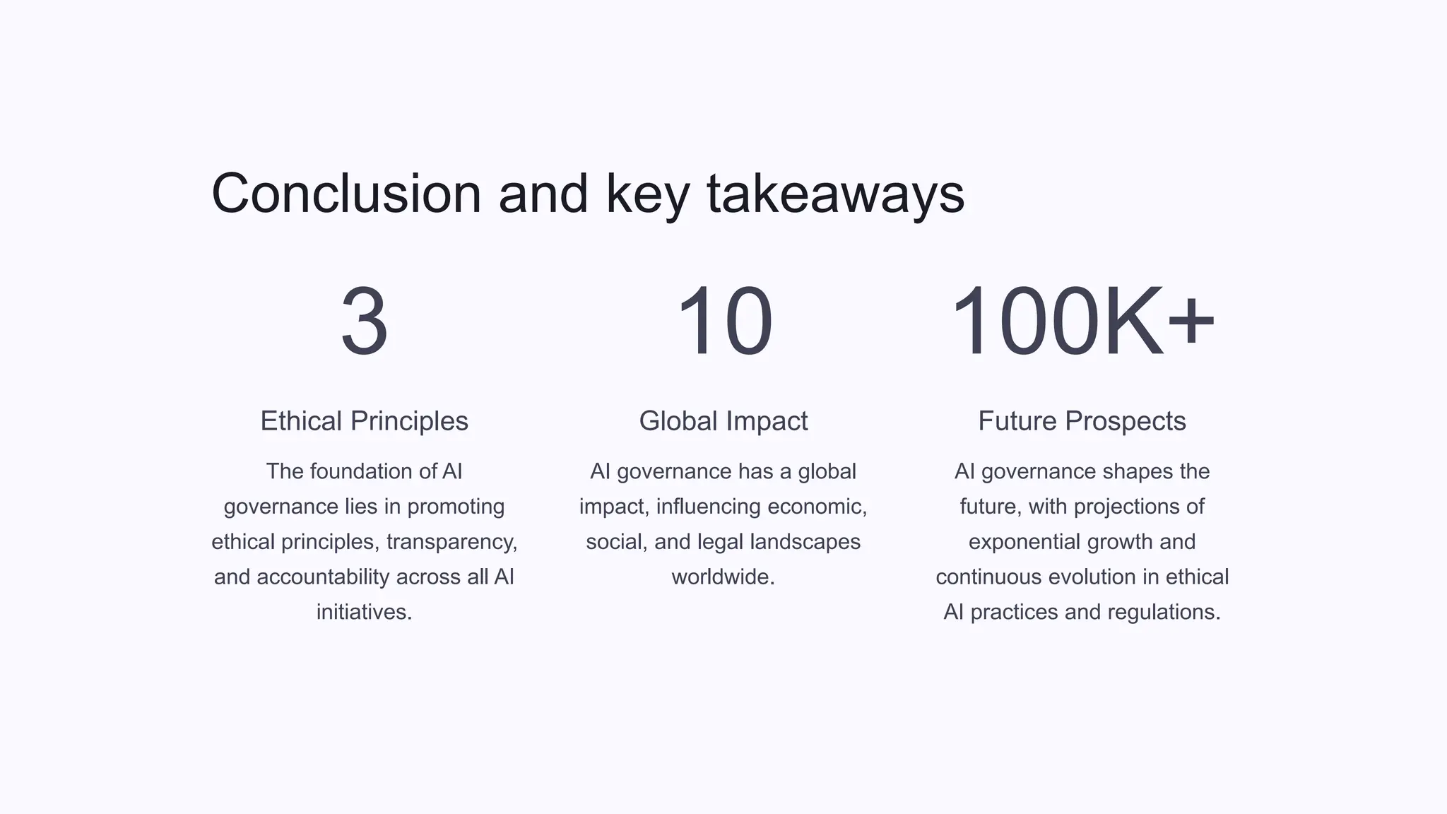 Conclusion and key takeaways
3
Ethical Principles
The foundation of AI
governance lies in promoting
ethical principles, transparency,
and accountability across all AI
initiatives.
10
Global Impact
AI governance has a global
impact, influencing economic,
social, and legal landscapes
worldwide.
100K+
Future Prospects
AI governance shapes the
future, with projections of
exponential growth and
continuous evolution in ethical
AI practices and regulations.
 