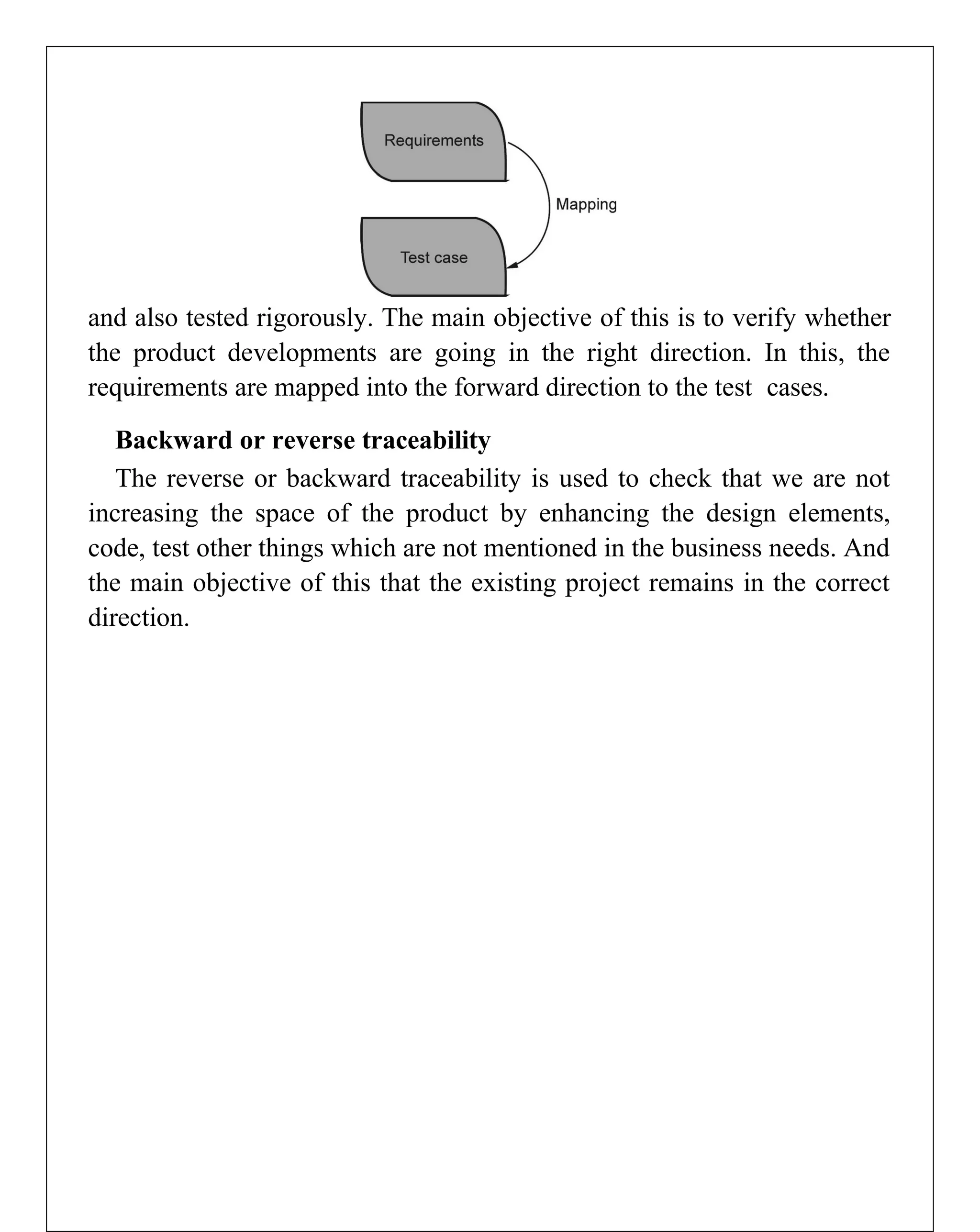 and also tested rigorously. The main objective of this is to verify whether
the product developments are going in the right direction. In this, the
requirements are mapped into the forward direction to the test cases.
Backward or reverse traceability
The reverse or backward traceability is used to check that we are not
increasing the space of the product by enhancing the design elements,
code, test other things which are not mentioned in the business needs. And
the main objective of this that the existing project remains in the correct
direction.
 