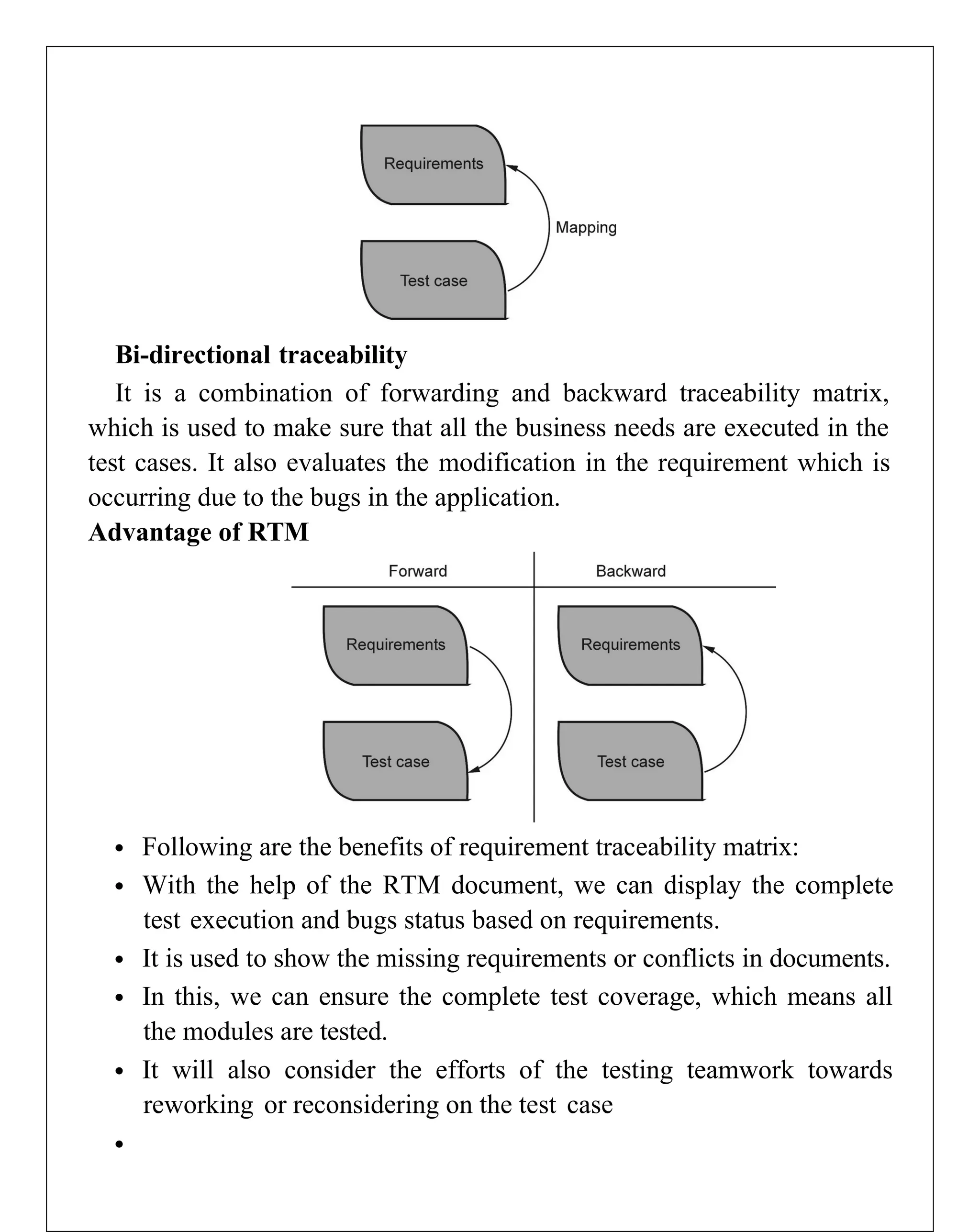 Bi-directional traceability
It is a combination of forwarding and backward traceability matrix,
which is used to make sure that all the business needs are executed in the
test cases. It also evaluates the modification in the requirement which is
occurring due to the bugs in the application.
Advantage of RTM
 Following are the benefits of requirement traceability matrix:
 With the help of the RTM document, we can display the complete
test execution and bugs status based on requirements.
 It is used to show the missing requirements or conflicts in documents.
 In this, we can ensure the complete test coverage, which means all
the modules are tested.
 It will also consider the efforts of the testing teamwork towards
reworking or reconsidering on the test case

 