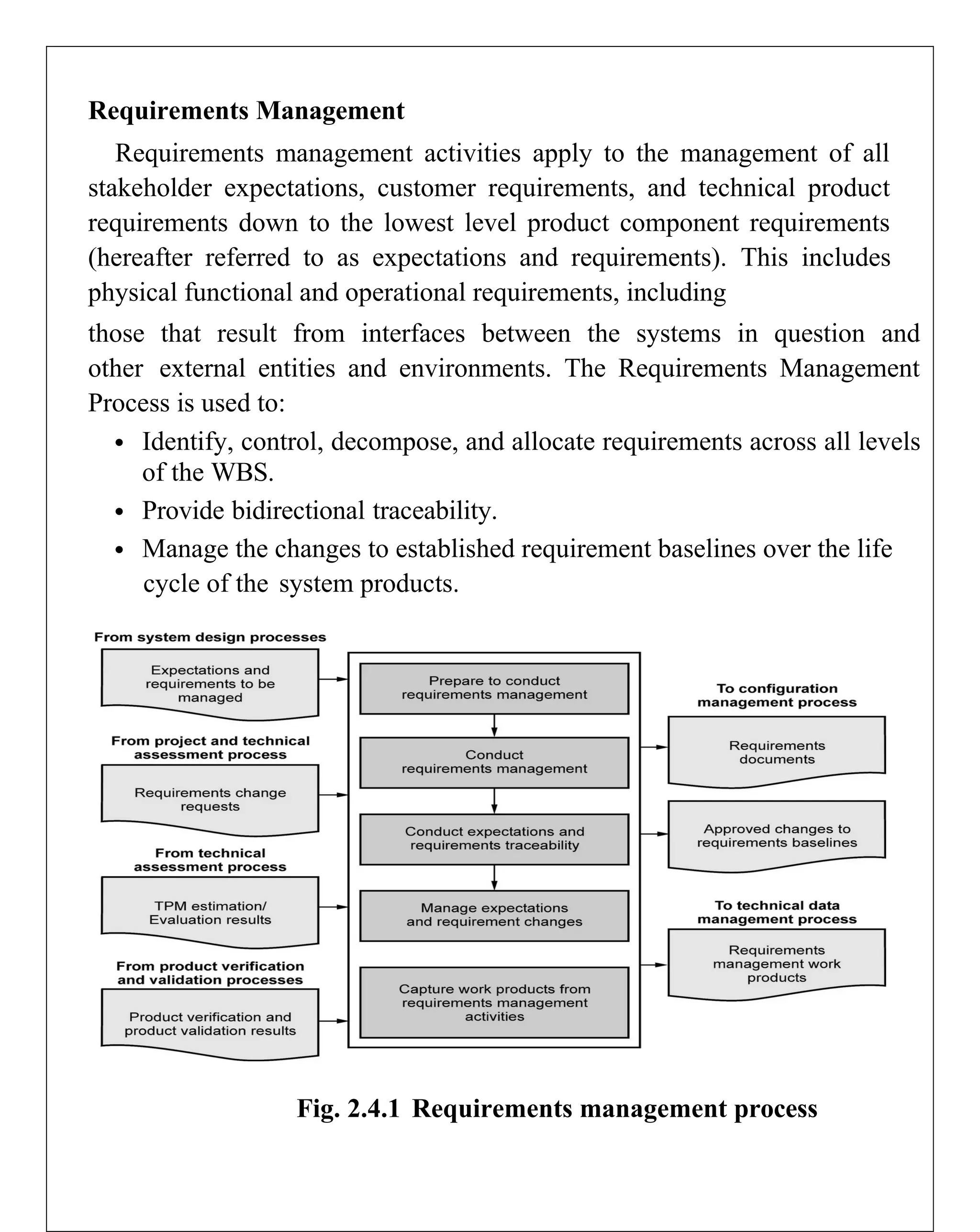 Requirements Management
Requirements management activities apply to the management of all
stakeholder expectations, customer requirements, and technical product
requirements down to the lowest level product component requirements
(hereafter referred to as expectations and requirements). This includes
physical functional and operational requirements, including
those that result from interfaces between the systems in question and
other external entities and environments. The Requirements Management
Process is used to:
 Identify, control, decompose, and allocate requirements across all levels
of the WBS.
 Provide bidirectional traceability.
 Manage the changes to established requirement baselines over the life
cycle of the system products.
Fig. 2.4.1 Requirements management process
 