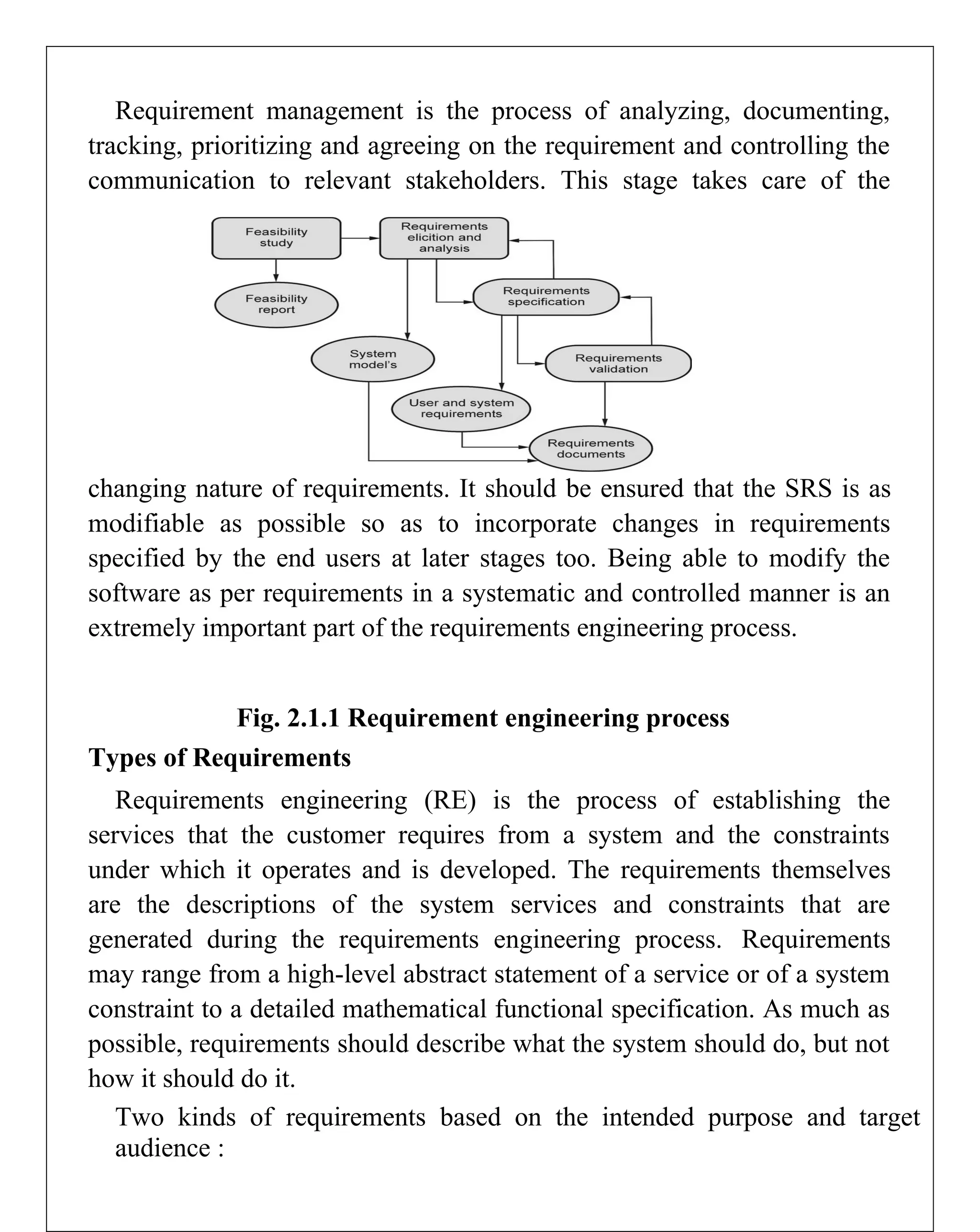 Requirement management is the process of analyzing, documenting,
tracking, prioritizing and agreeing on the requirement and controlling the
communication to relevant stakeholders. This stage takes care of the
changing nature of requirements. It should be ensured that the SRS is as
modifiable as possible so as to incorporate changes in requirements
specified by the end users at later stages too. Being able to modify the
software as per requirements in a systematic and controlled manner is an
extremely important part of the requirements engineering process.
Fig. 2.1.1 Requirement engineering process
Types of Requirements
Requirements engineering (RE) is the process of establishing the
services that the customer requires from a system and the constraints
under which it operates and is developed. The requirements themselves
are the descriptions of the system services and constraints that are
generated during the requirements engineering process. Requirements
may range from a high-level abstract statement of a service or of a system
constraint to a detailed mathematical functional specification. As much as
possible, requirements should describe what the system should do, but not
how it should do it.
Two kinds of requirements based on the intended purpose and target
audience :
 