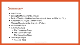 Summary
• Introduction
• Concepts of Fundamental Analysis
• Table of Decision Making based on IntrinsicValue and Market Price
• Fundamental Analysis –A Framework
• Phases of Fundamental Analysis – (Picture)
• EconomyAnalysis
• Industry Analysis
• The Pioneering Stage
• The Expansion Stage
• The Stagnation Stage
• CompanyAnalysis
• Financial Ratio
SHAIK MOHAMMAD IMRAN
 