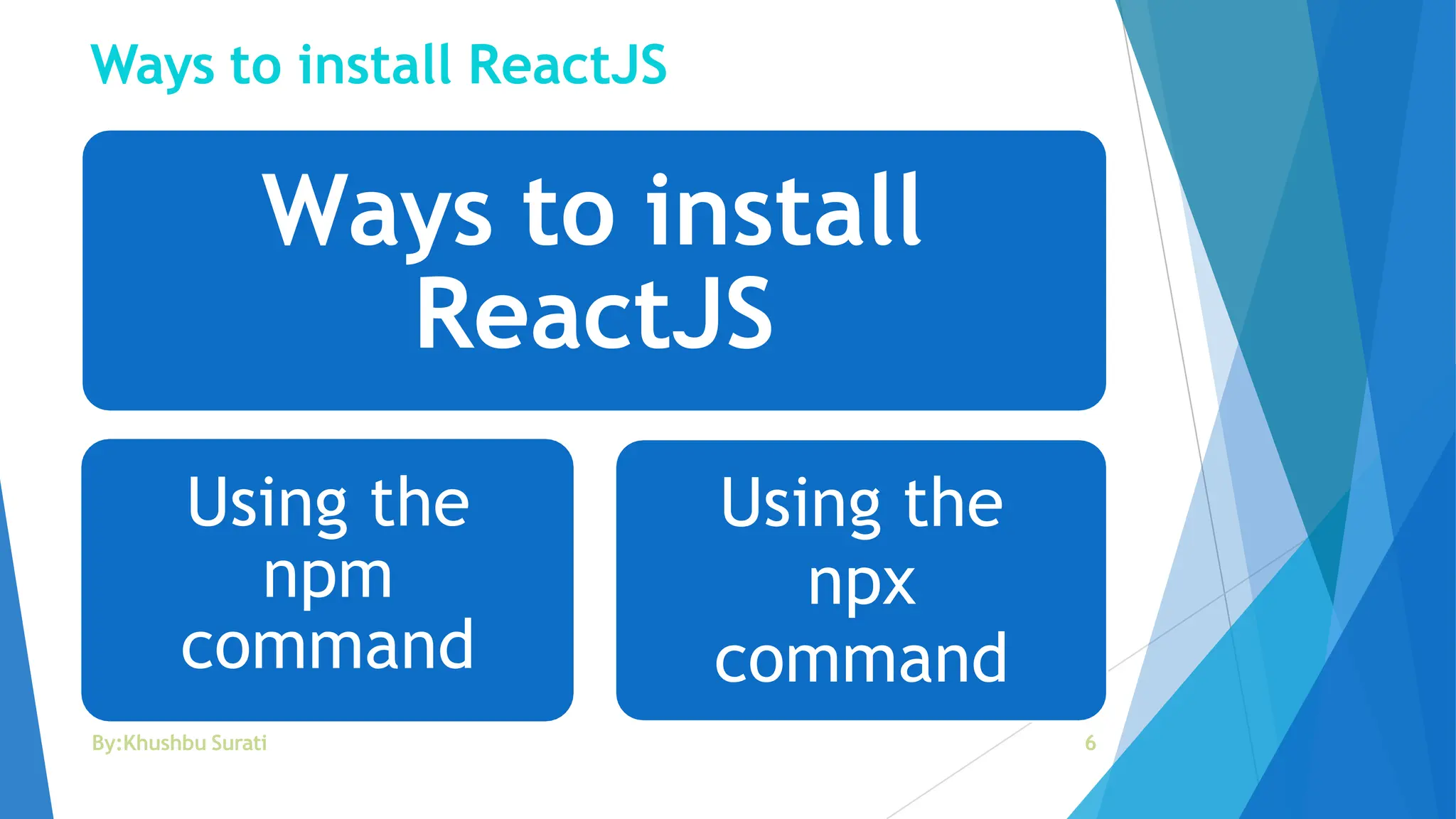 Ways to install ReactJS
Ways to install
ReactJS
Using the
npm
command
Using the
npx
command
By:Khushbu Surati 6
 