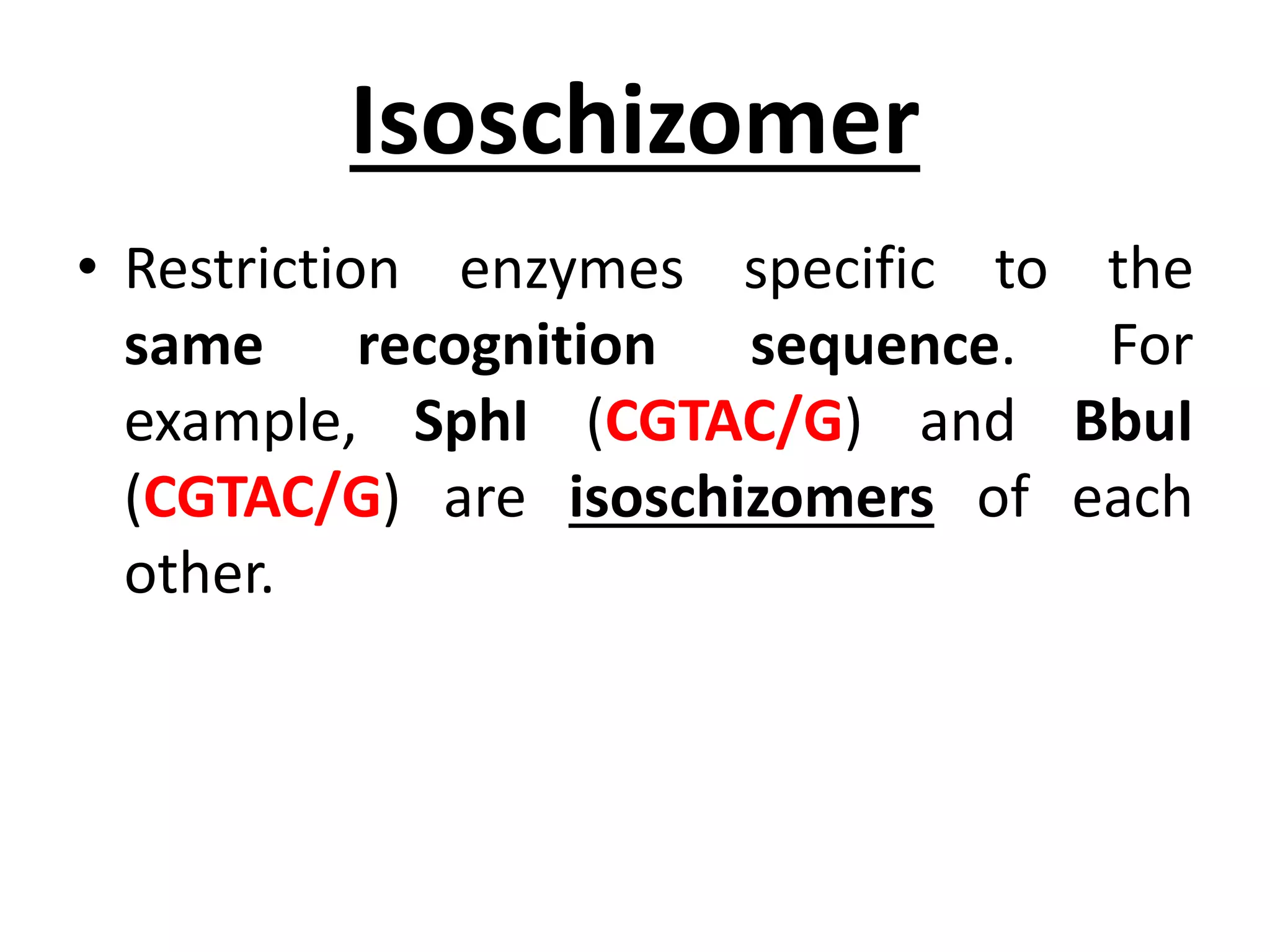 Isoschizomer
• Restriction enzymes specific to the
same recognition sequence. For
example, SphI (CGTAC/G) and BbuI
(CGTAC/G) are isoschizomers of each
other.
 