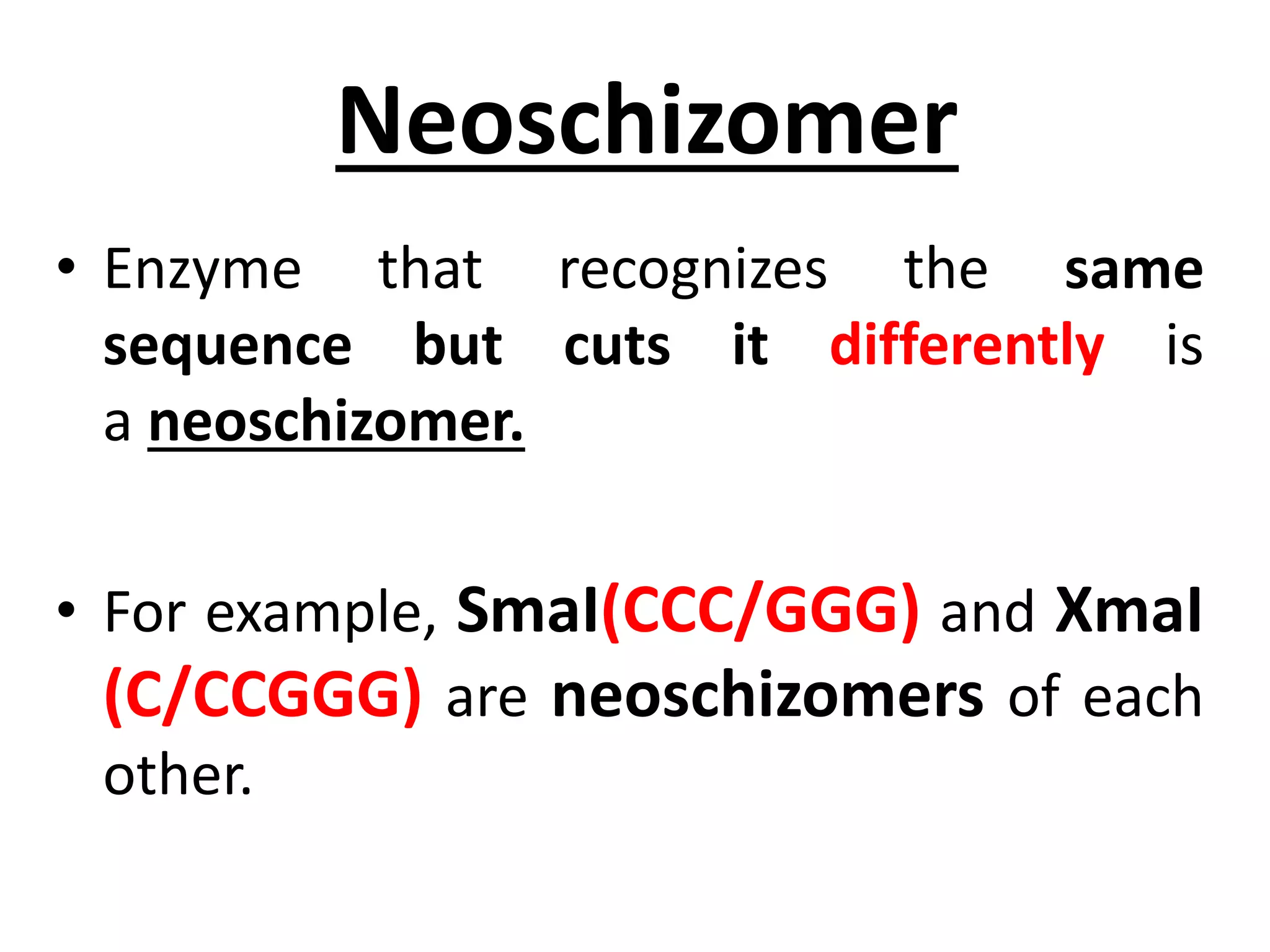 Neoschizomer
• Enzyme that recognizes the same
sequence but cuts it differently is
a neoschizomer.
• For example, SmaI(CCC/GGG) and XmaI
(C/CCGGG) are neoschizomers of each
other.
 