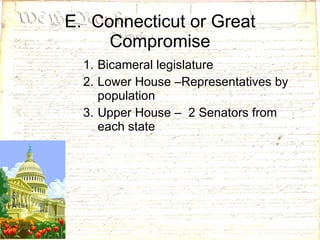 E.  Connecticut or Great Compromise Bicameral legislature Lower House –Representatives by population Upper House –  2 Senators from each state 