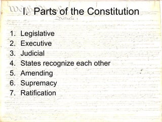 I.  Parts of the Constitution Legislative Executive Judicial States recognize each other Amending Supremacy  Ratification 
